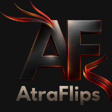 AtraFlips logo with stylized 'AF' on a black background