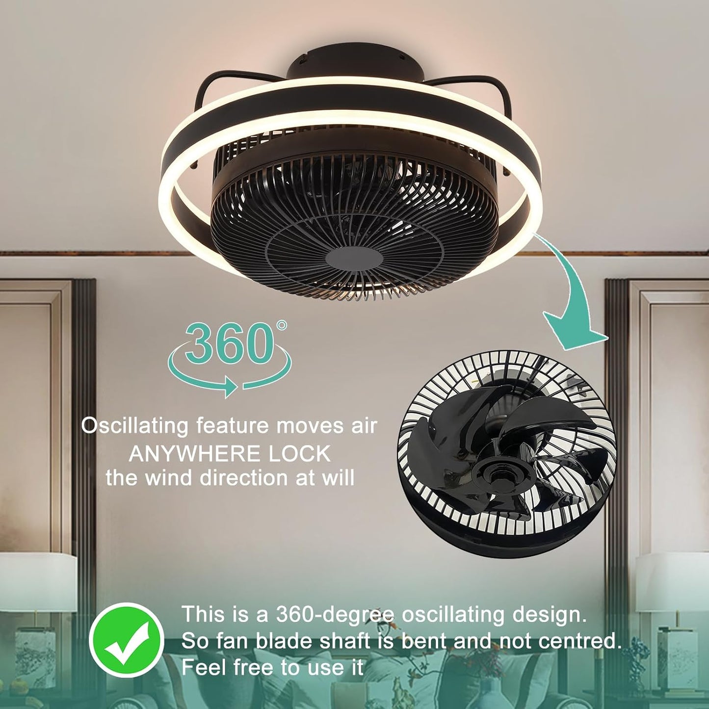 Ceiling Fans with Lights,360° Rotating Oscillating Ceiling Fan,Modern Led Dimmable Mute Ceiling Fans with Remote Control for Bedroom and Etc.(6 Gears,Black)